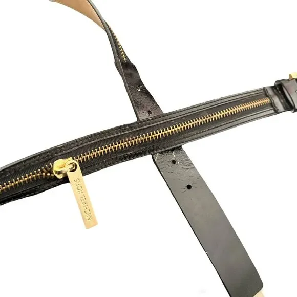 Michael Kors Black Leather Belt Gold Buckle Zipper Detail Women Size L FLAW - Picture 7 of 12